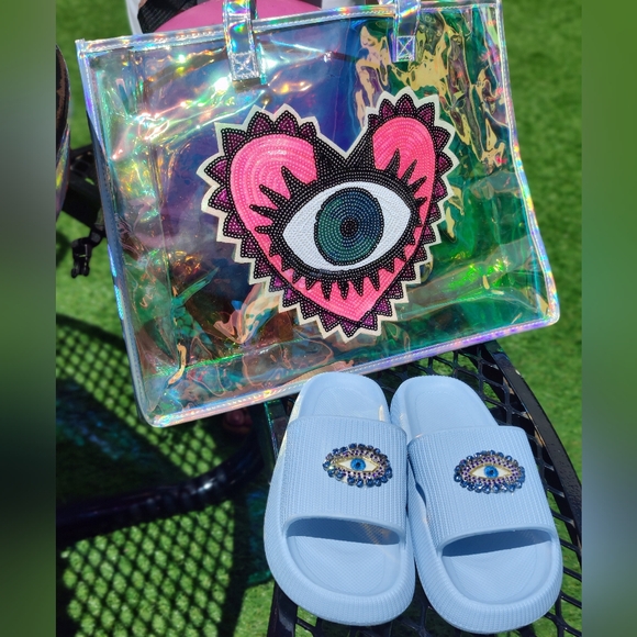 Blue Rhinestone Evil Eye beach slides - Picture 7 of 8